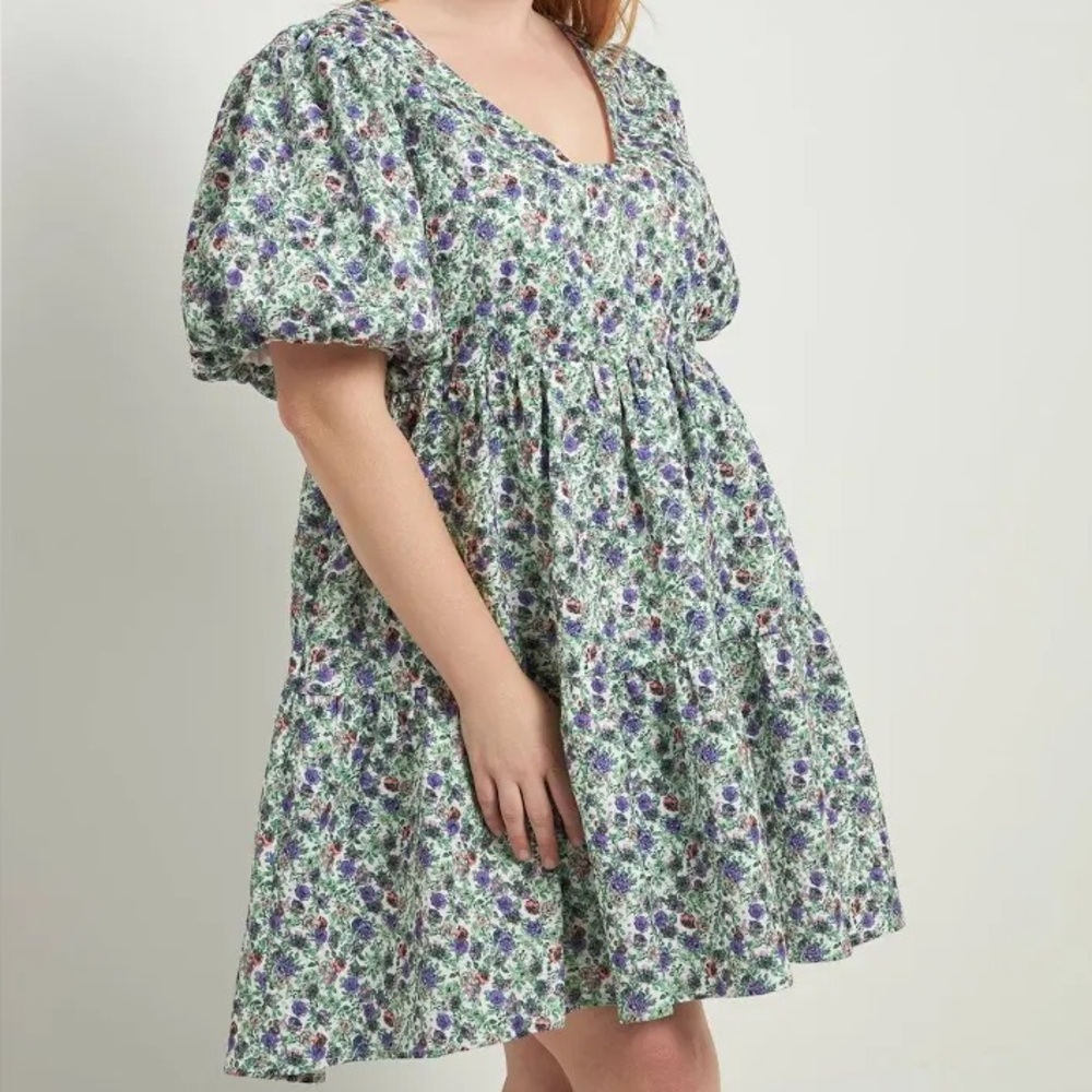 English Factory Floral Puff Sleeve Mini Dress in Green and Purple